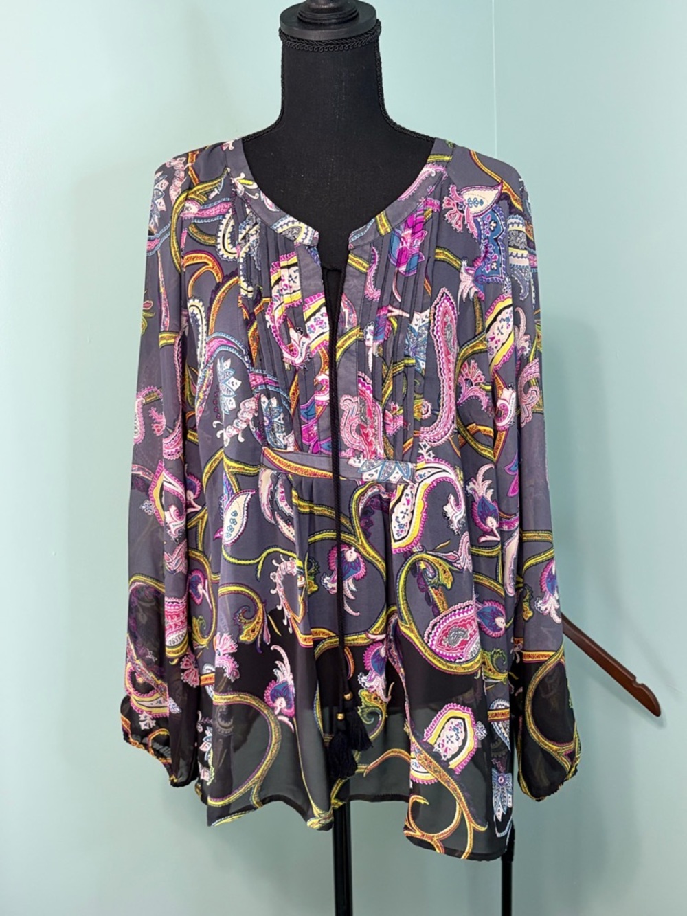 Melissa Paige Longsleeve Sheer Paisley, Pink And Gray Palette , XL, Tassels